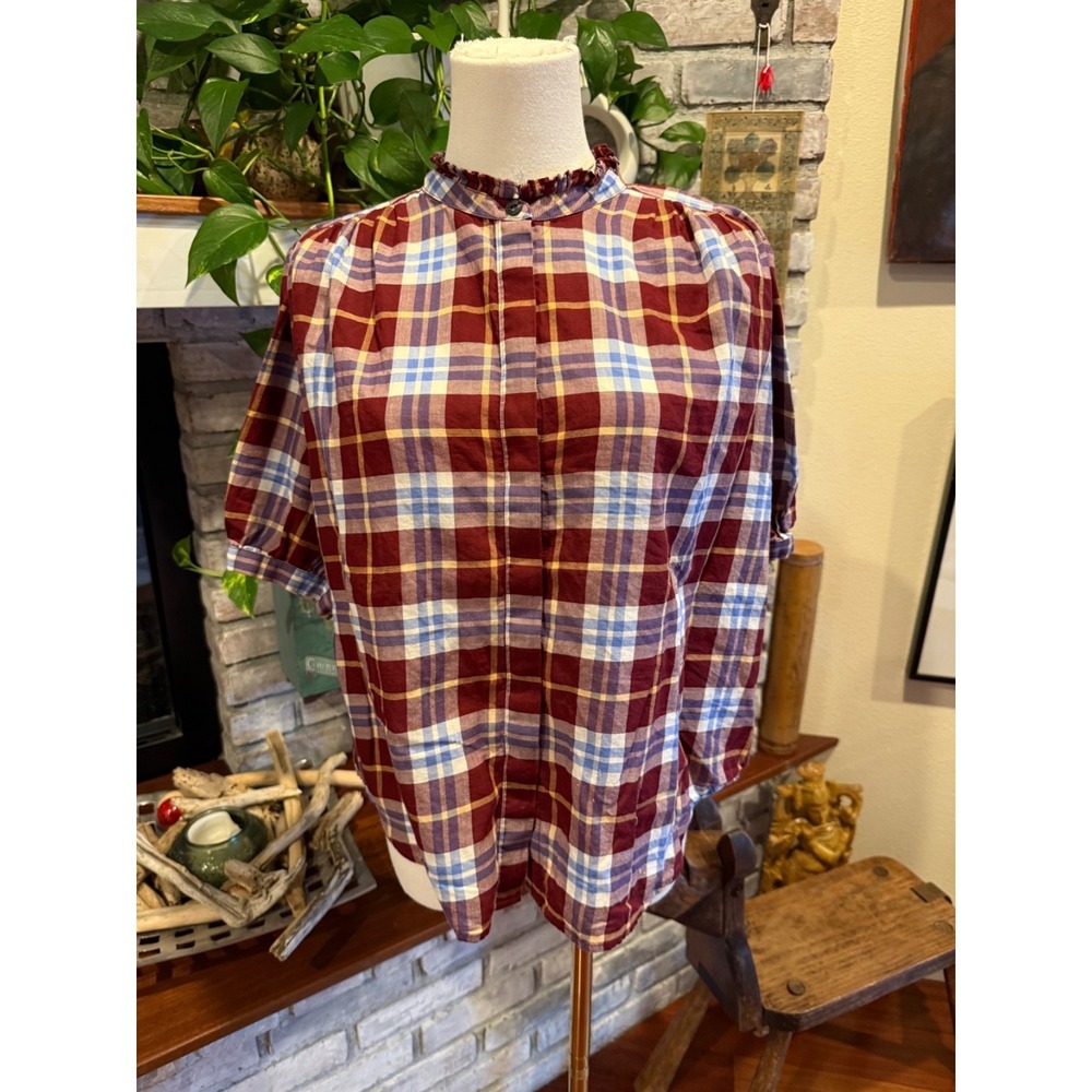 Rag & Bone Plaid Shirt Ruffle Neck Accordion Pleated Back Preppy | Womens Medium